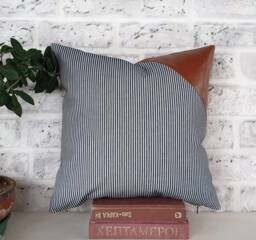 Cognac Faux Leather & Striped Denim Pillow Cover