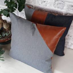 Cognac Faux Leather & Striped Denim Pillow Cover - thumbnail 2