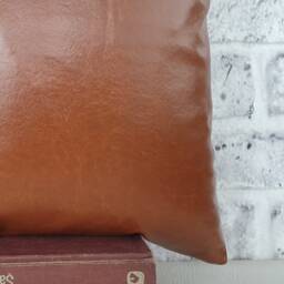 Cognac Faux Leather & Striped Denim Pillow Cover - thumbnail 4
