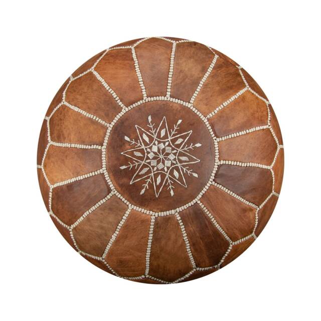Artisanal Moroccan Leather Pouffe - Handmade Pouf Delivered Stuffed Ottoman, Footstool, Floor Cushion - Cognac Brown - image 1
