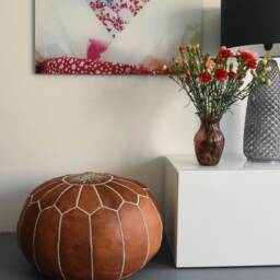 Artisanal Moroccan Leather Pouffe - Handmade Pouf Delivered Stuffed Ottoman, Footstool, Floor Cushion - Cognac Brown - thumbnail 3