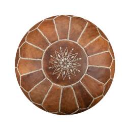 Artisanal Moroccan Leather Pouffe - Handmade Pouf Delivered Stuffed Ottoman, Footstool, Floor Cushion - Cognac Brown