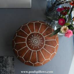Artisanal Moroccan Leather Pouffe - Handmade Pouf Delivered Stuffed Ottoman, Footstool, Floor Cushion - Cognac Brown - thumbnail 4