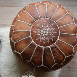 Artisanal Moroccan Leather Pouffe - Handmade Pouf Delivered Stuffed Ottoman, Footstool, Floor Cushion - Cognac Brown - thumbnail 2