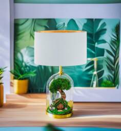Fairy Cloche Table Lamp Handmade Moss Terrarium With Tree House Night Light