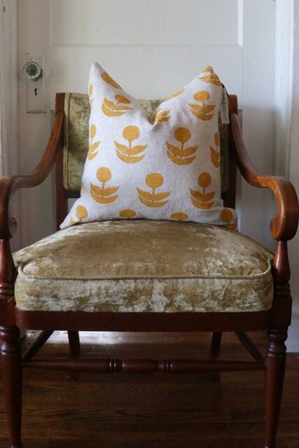 Golden Yellow Hand Block Printed Linen Throw Pillow - Boho Chic Home Decor - image 1
