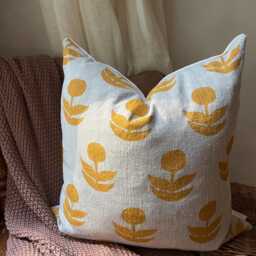Golden Yellow Hand Block Printed Linen Throw Pillow - Boho Chic Home Decor - thumbnail 4