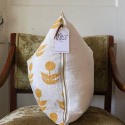 Golden Yellow Hand Block Printed Linen Throw Pillow - Boho Chic Home Decor - thumbnail 3