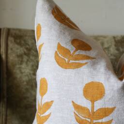Golden Yellow Hand Block Printed Linen Throw Pillow - Boho Chic Home Decor - thumbnail 2