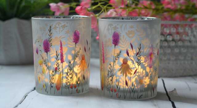 Meadow Bloom Glass Candle Holder, Wildflower Botanical Etched Design - image 1