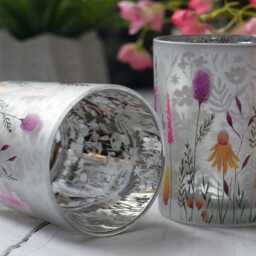 Meadow Bloom Glass Candle Holder, Wildflower Botanical Etched Design - thumbnail 2