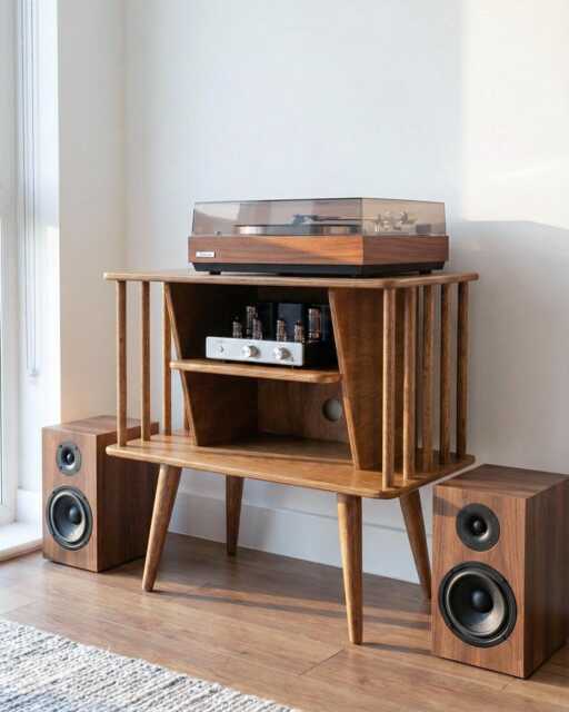 Mid Century Modern Record Player Stand, Vinyl Storage Cabinet, Handmade Plywood Media Unit, Retro Turntable Stand - image 1