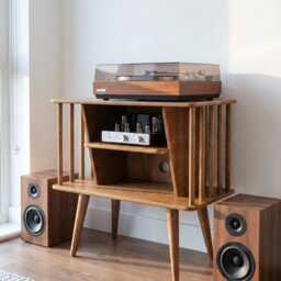 Mid Century Modern Record Player Stand, Vinyl Storage Cabinet, Handmade Plywood Media Unit, Retro Turntable Stand - thumbnail 2