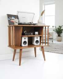 Mid Century Modern Record Player Stand, Vinyl Storage Cabinet, Handmade Plywood Media Unit, Retro Turntable Stand - thumbnail 1