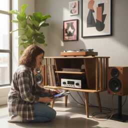 Mid Century Modern Record Player Stand, Vinyl Storage Cabinet, Handmade Plywood Media Unit, Retro Turntable Stand - thumbnail 4