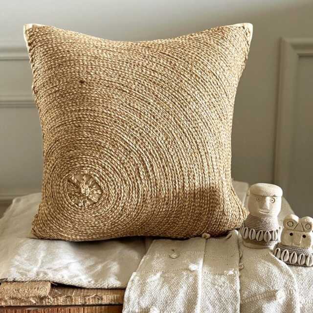 Beige Jute Lace, Mother Of Pearl Embroidered Circle & Dots, 16x16 Contemporary Cotton Linen Throw Pillow Cover - Back To Earth - image 1