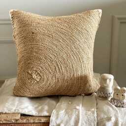 Beige Jute Lace, Mother Of Pearl Embroidered Circle & Dots, 16x16 Contemporary Cotton Linen Throw Pillow Cover - Back To Earth