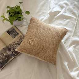 Beige Jute Lace, Mother Of Pearl Embroidered Circle & Dots, 16x16 Contemporary Cotton Linen Throw Pillow Cover - Back To Earth - thumbnail 3