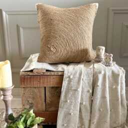 Beige Jute Lace, Mother Of Pearl Embroidered Circle & Dots, 16x16 Contemporary Cotton Linen Throw Pillow Cover - Back To Earth - thumbnail 2