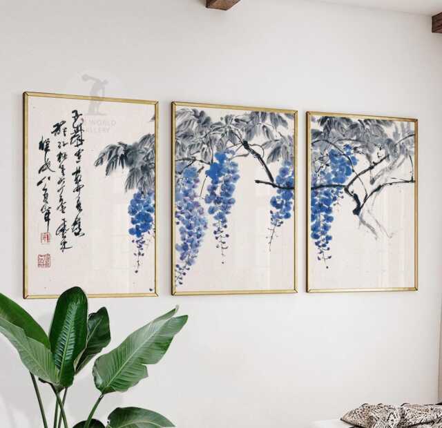 Japanese Wisteria Wall Art Set Of 3 - Blue Floral Ink Prints Asian Botanical Artwork Tranquil Minimalist Decor - image 1
