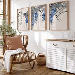 Japanese Wisteria Wall Art Set Of 3 - Blue Floral Ink Prints Asian Botanical Artwork Tranquil Minimalist Decor - thumbnail 2