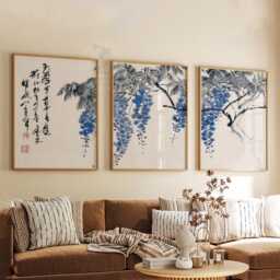 Japanese Wisteria Wall Art Set Of 3 - Blue Floral Ink Prints Asian Botanical Artwork Tranquil Minimalist Decor - thumbnail 3
