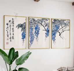 Japanese Wisteria Wall Art Set Of 3 - Blue Floral Ink Prints Asian Botanical Artwork Tranquil Minimalist Decor - thumbnail 1