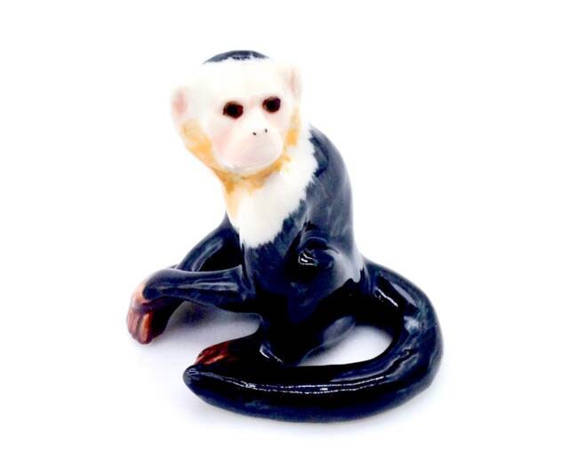 Miniature Ceramic Capuchin Monkey Sitting Animal Little White Black Figurine Small Statue Tiny Decoration Hand Painted Collectible Figure - image 1