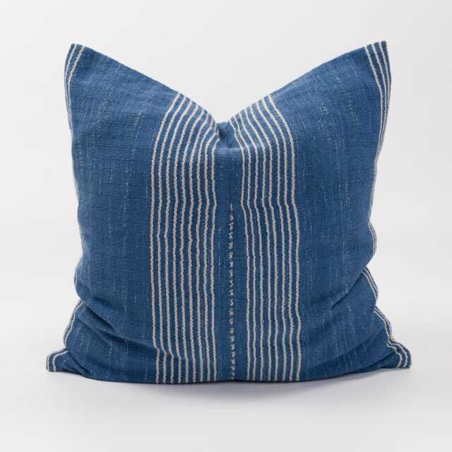 Woven Ethnic Cotton Cushion, Blue Striped Throw Pillow - 18x18 - image 1