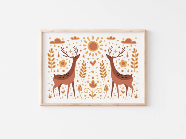 Folk Deer Print Scandi Nursery Art, Sunshine & Woods - image 1
