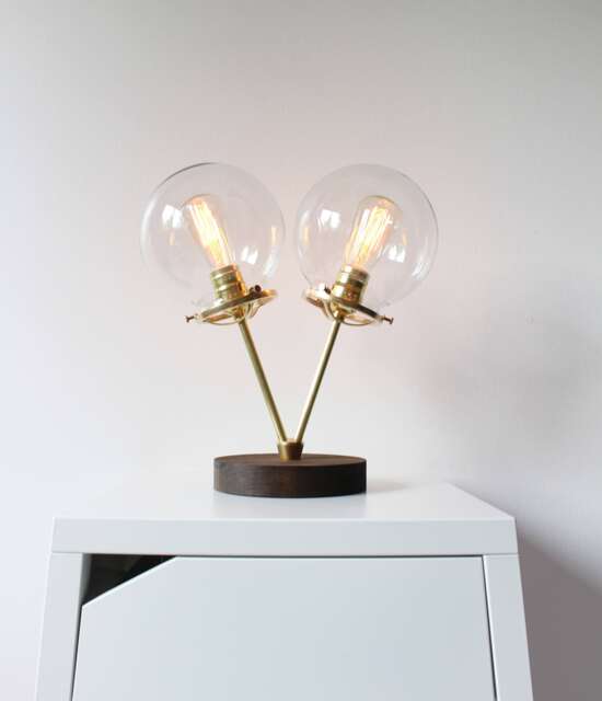 Globe Table Lamp, Brass & Wood Desk 2 Twin Clear Glass Globes, Bootsngus Modern Lighting Home Decor - image 1