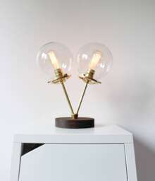 Globe Table Lamp, Brass & Wood Desk 2 Twin Clear Glass Globes, Bootsngus Modern Lighting Home Decor