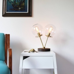 Globe Table Lamp, Brass & Wood Desk 2 Twin Clear Glass Globes, Bootsngus Modern Lighting Home Decor - thumbnail 2