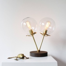 Globe Table Lamp, Brass & Wood Desk 2 Twin Clear Glass Globes, Bootsngus Modern Lighting Home Decor - thumbnail 4