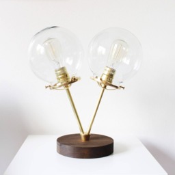 Globe Table Lamp, Brass & Wood Desk 2 Twin Clear Glass Globes, Bootsngus Modern Lighting Home Decor - thumbnail 3