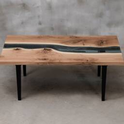 Custom Live Edge Coffee Table, Glass Table Made Of Knotty Oak Wood, Little River For Rustic Living Room, Unique First Home Gift - thumbnail 3