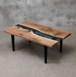 Custom Live Edge Coffee Table, Glass Table Made Of Knotty Oak Wood, Little River For Rustic Living Room, Unique First Home Gift