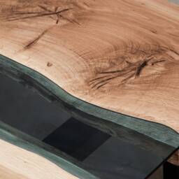 Custom Live Edge Coffee Table, Glass Table Made Of Knotty Oak Wood, Little River For Rustic Living Room, Unique First Home Gift - thumbnail 4
