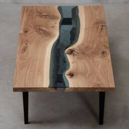 Custom Live Edge Coffee Table, Glass Table Made Of Knotty Oak Wood, Little River For Rustic Living Room, Unique First Home Gift - thumbnail 2
