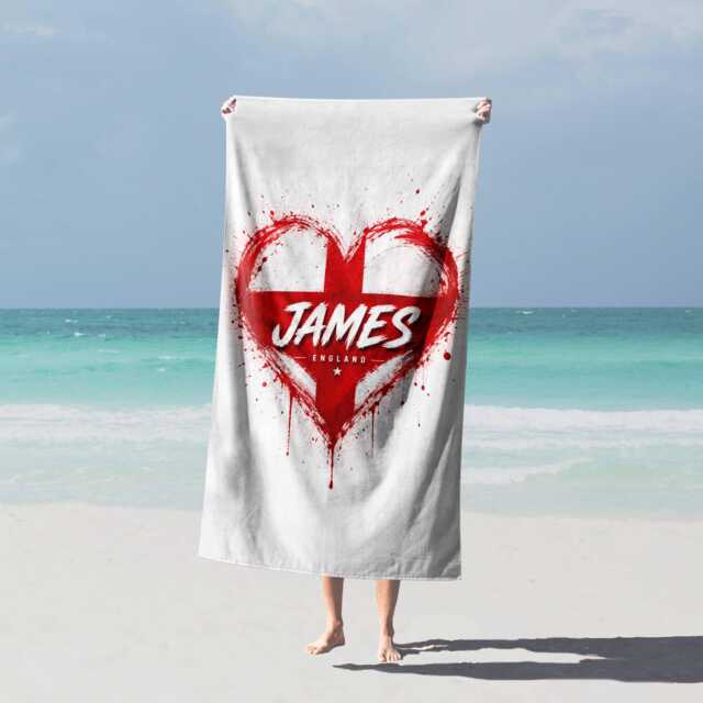 Personalised Name England Flag Bath Beach Towel Three Lions Football Supporter St Georges Cross Sports Fan Holiday Gift Present For Him Her - image 1