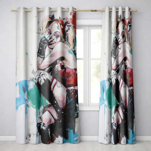 Blonde Jester Woman Colourful Contemporary Graffiti Stylish Design For Home Decor Readymade Eyelet Ring Top Thermal 100% Blackout Curtains - image 1