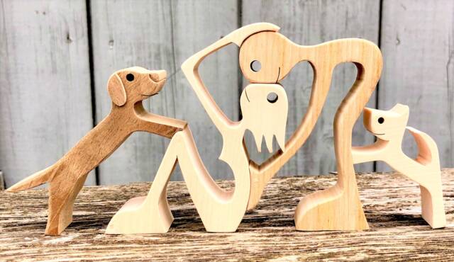 A Couple, A Dog, Cat Original Wooden Sculpture 2.5D - image 1