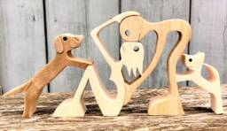 A Couple, A Dog, Cat Original Wooden Sculpture 2.5D - thumbnail 1