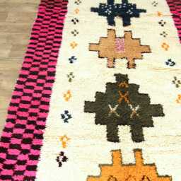 Handmade Moroccan Rug - Mustard Yellow Cream Checkerboard Wool Carpet 70S Boho Area - thumbnail 4