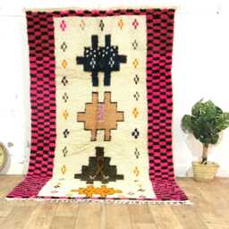 Handmade Moroccan Rug - Mustard Yellow Cream Checkerboard Wool Carpet 70S Boho Area - thumbnail 2