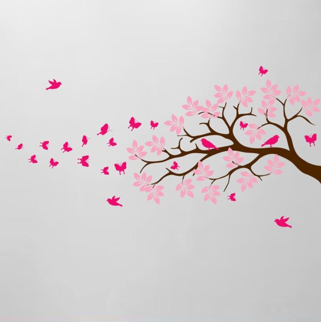 "Tree Branch Wall Decal Butterfly Birds Vinyl Sticker Nursery Leaves Kids Room Decor Art Whimsical 44"" Wide X 28" - image 1