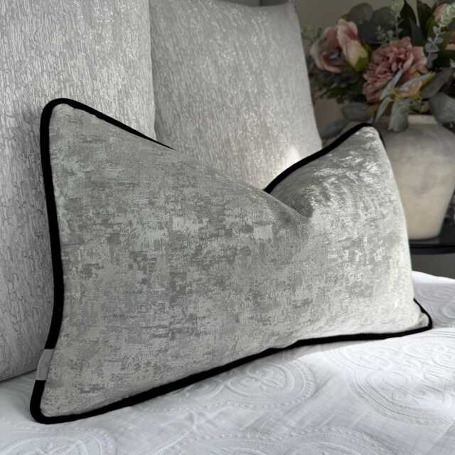 Venus Silver Cushion Cover Luxury Textured Pillow Sham Black Velvet Piping Decorative Case Beaumont Textiles Handmade in UK - image 1