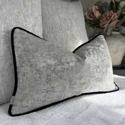 Venus Silver Cushion Cover Luxury Textured Pillow Sham Black Velvet Piping Decorative Case Beaumont Textiles Handmade in UK - thumbnail 1