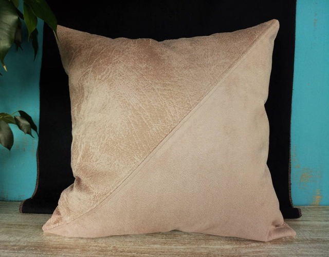 Powder Pink Vegan Leather-Suede Fabric Pillow & Insert - Diagonal Triangle Design Scandinavian Homes Housewarming Gift - image 1