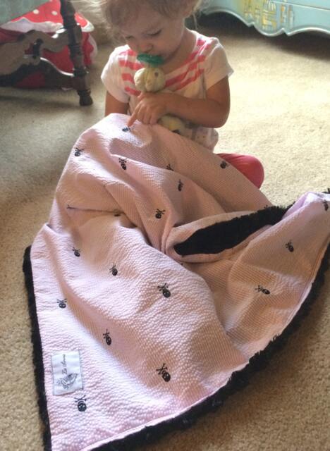 "Pink Seersucker & Black Skulls Baby Blanket ""Sassy Sippy" - image 1